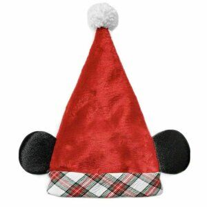 Disney Parks Christmas Holiday Red Plaid Santa Mickey Ears Hat Adjustable NWT